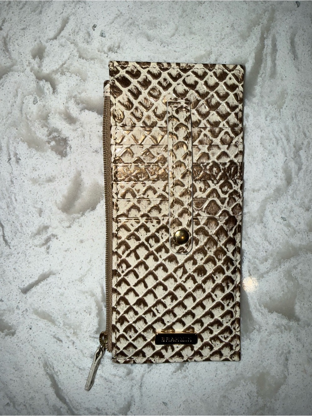 Brahmin Cream Embossed Card Wallet with Gold Accents